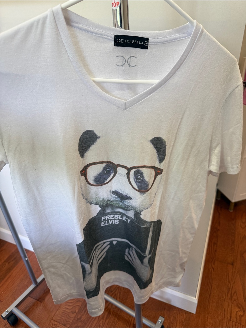 White V‑Neck Panda Graphic Tee